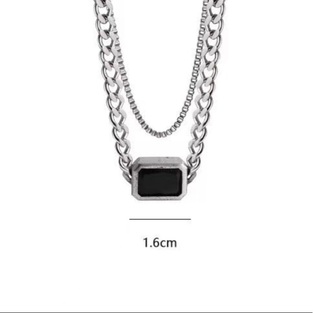 đź’ŽBlack Rectangle Stone Titanium Steel Necklace Chain Double layer thick silver - Picture 3 of 10
